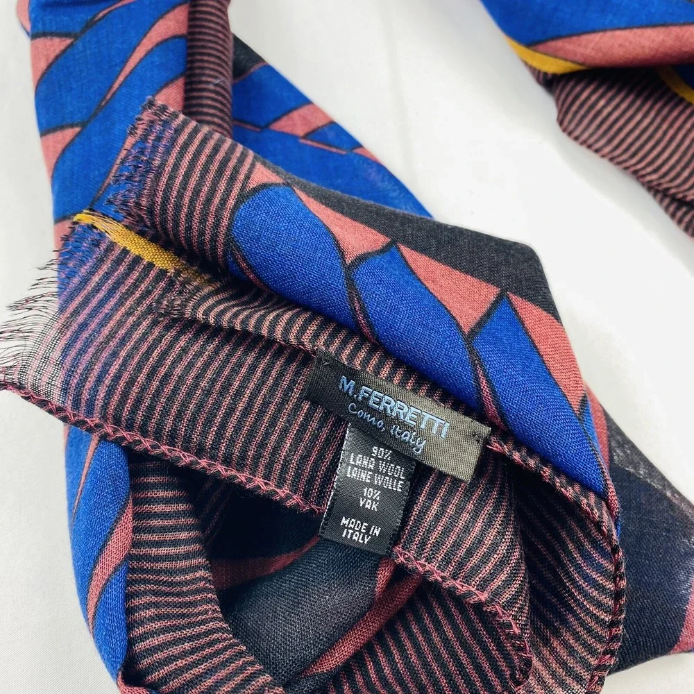 M Ferretti Mens Multicolor Lightweight Wool Yak Scarf Geometric Italy 65x26 NWOT